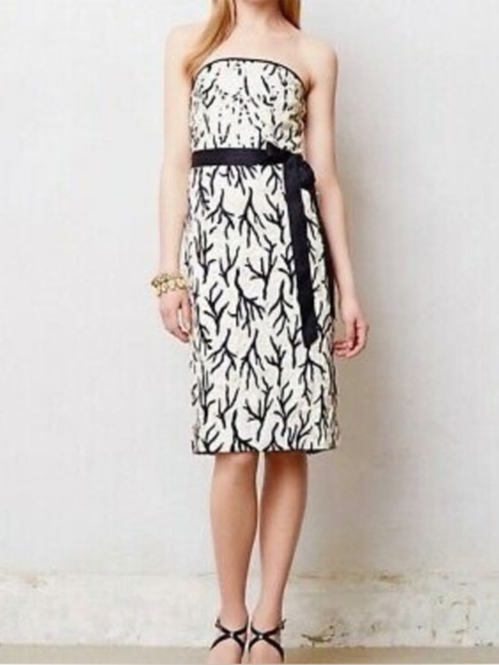 Anthropologie Vintage Moulinette Soeurs Sequin Coral Pattern Dress Black & Cream